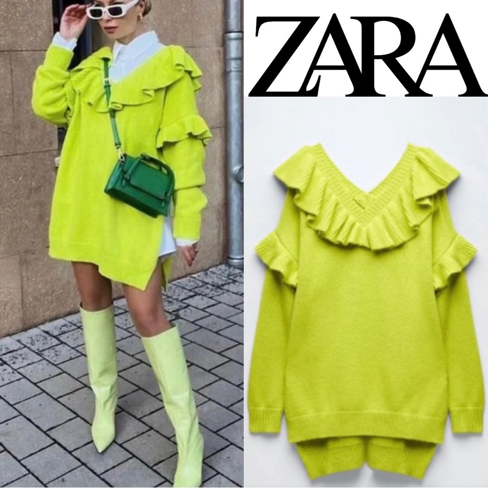 ZARA RUFFLED KNIT SWEATER V - NECK Fluorescent lime BLOGGERES FAVORITE